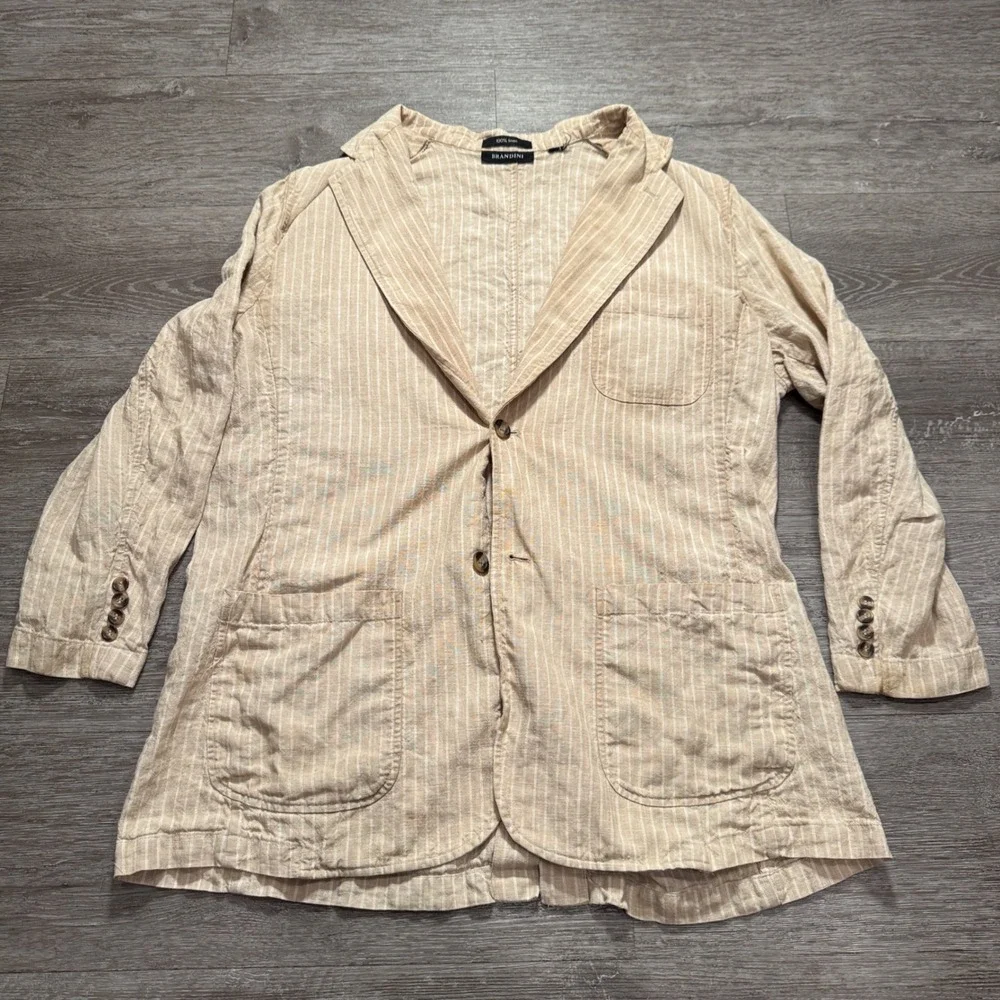 Brandini Sport Coat Mens 46 Beige Pinstripe 100% Linen Unstructured Blazer Adult